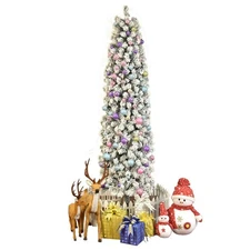 7.5Ft PVC Artificial Pencil Snow Flocked Branches Christmas Tree Indoor Outdoor