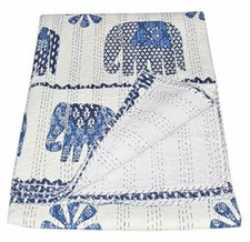 Vintage Handmade Cotton Elephant Print Kantha Quilt Throw Reversible Blanket
