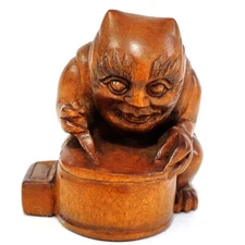 Y9005 - 2 " Hand Carved Japanese Boxwood Netsuke  :  Oni Monster