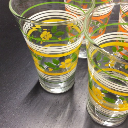 5 Vintage Libby Ring Striped Floral Drinking Glasses Flared Orange Green Yellow - Picture 7 of 11