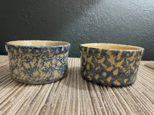 Vintage Roseville Ohio RRP Pottery Blue Spongeware Ramekin Custard Dish Set of 2