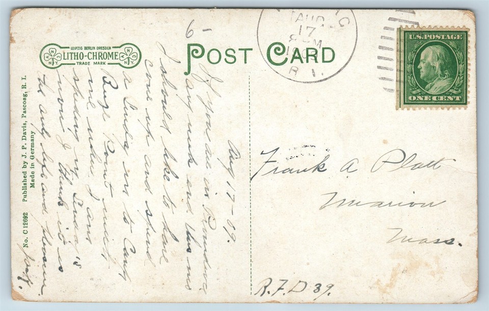 Postcard RI Pascoag Brandy Brook Inlet Pascoag Reservoir 1908 View T18