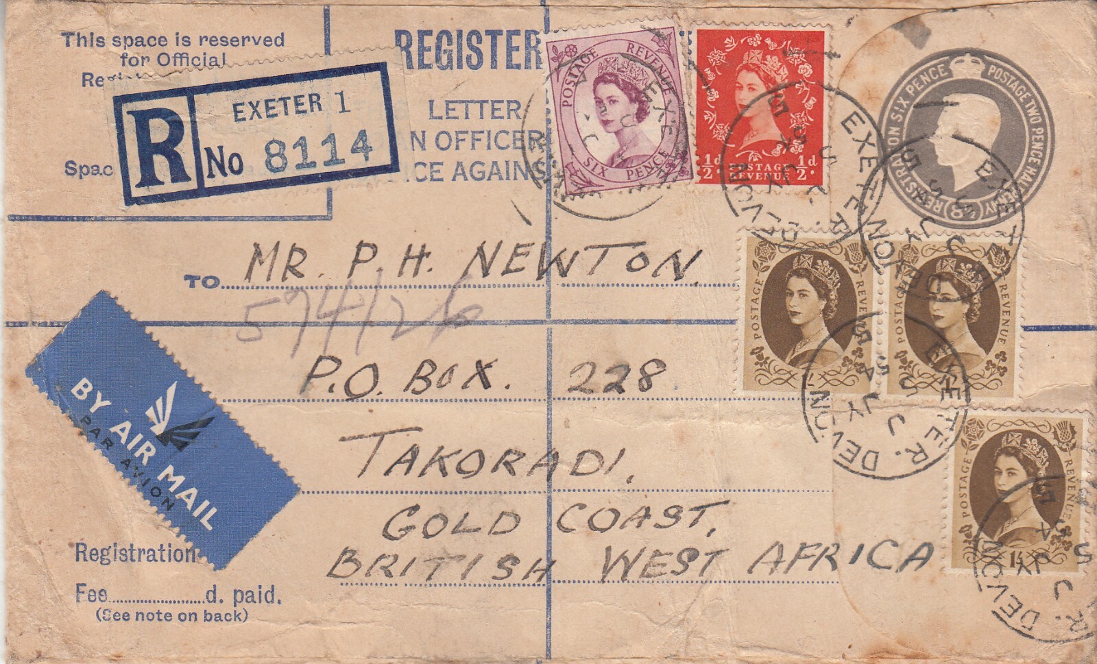 Gold Coast: GVI/QE2 Registered Cover, Exeter to Takoradi, 5-8 July 1954