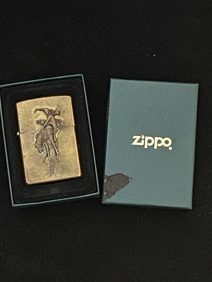 1994 Rare Brass Zippo Lighter Marlboro Wild West Bronco W/ Box 