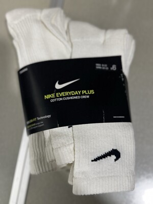 NEW NIKE EVERYDAY WHITE COTTON CUSHIONED CREW SOCKS UNISEX M-8-12 W-10-13 6 Ct