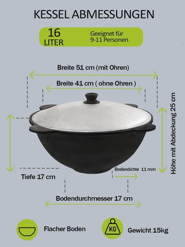 Hierro fundido Kazán 16 L tapa olla de camping Kazán WOK caldera Uzbekistán + cuchara - Imagen 2 de 6