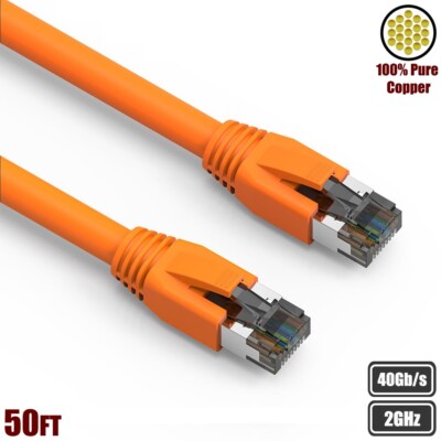 50FT Cat8 RJ45 Network LAN Ethernet S/FTP Patch Cable Copper 2GHz 40Gbps Orange
