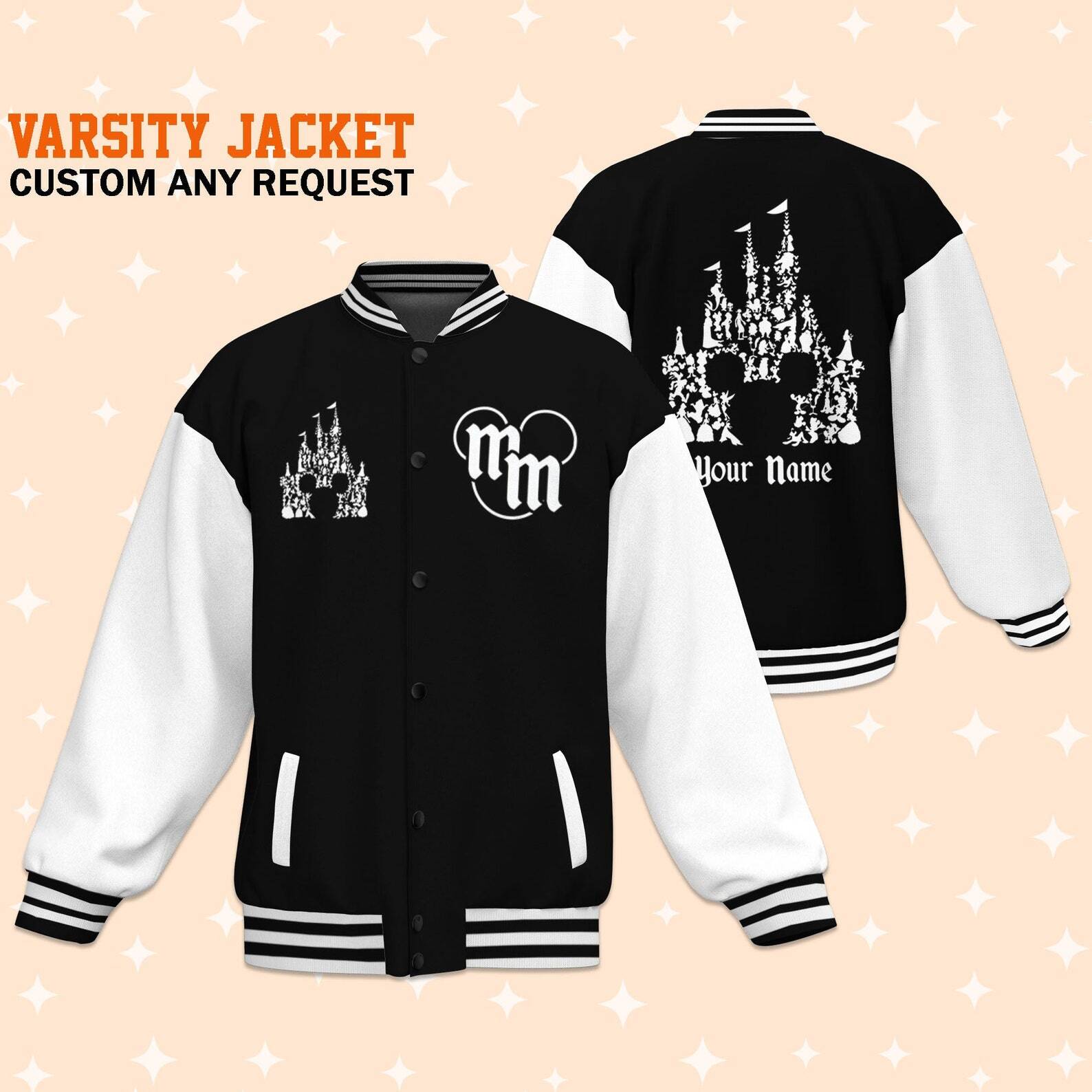 Personalize Disney Mickey Head Castle Black Varsity Jacket Matching Baseball