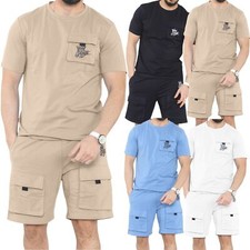 Mens T-Shirt & Shorts Stretch Tracksuit Set Outfit Set Top & Cargo Fleece Short