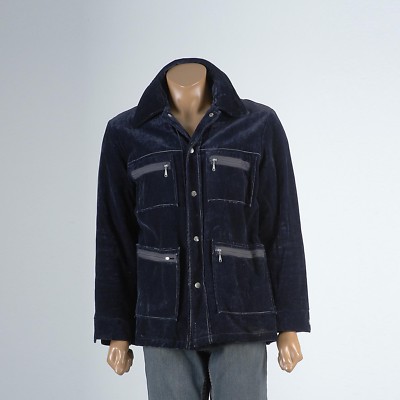 M 1970s Mens Mod Blue Velveteen Velour Velvet Zip Patch Pocket