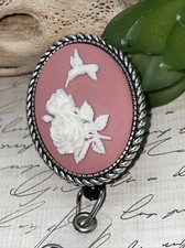 Hummingbird PINK Cameo Retractable Reel ID Card Badge Holder Key Chain Rose