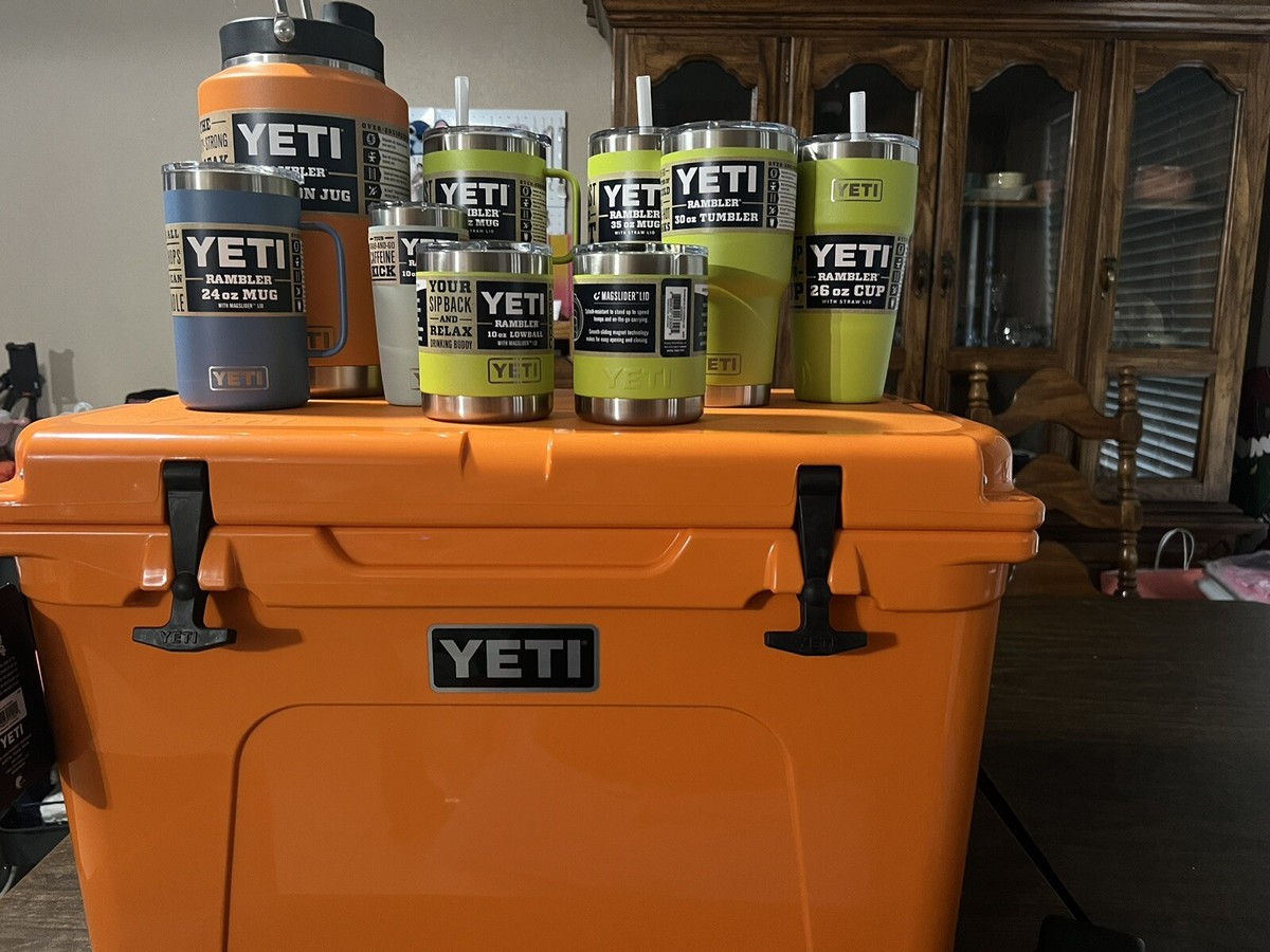 YETI Tundra 45 KING CRAB ORANGE Cooler, KCO Gallon Jug And 8