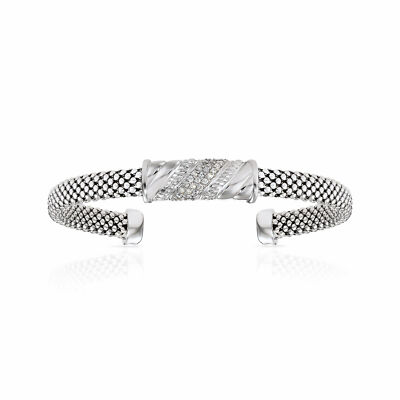 925 Solid Sterling Silver CZ Bar Italian Cuff Bracelet Slip On Bangle 6''-7''