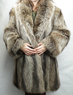 VTG Norjean Furs Racoon Fur Coat Womens L Long Hair Knee Length Gray Brown