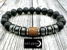 8"L Stainless Steel 10mm Lava Hematite Sandalwood Gemstone Beaded Men  s Bracelet