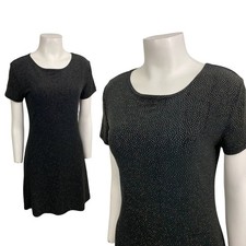 Vintage 90s Black Glitter Bodycon Dress Stretch Spandex Short Dress M ^