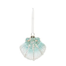 3.54" Glass  Pearls Aqua Fan Sea Shell Hanging Ornament All Seasons Summer B...