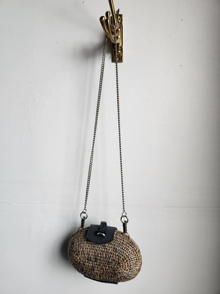 Bolso Bandolera Khokho Rafia Paja Natural Negro Tejido Noche Cartera Foto 3 de 4