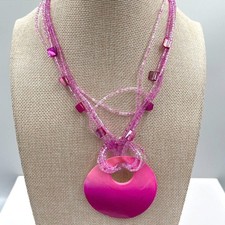 Vintage Pink Mother Of Pearl Shell Pendant Necklace Multi Strand Seed Bead Boho