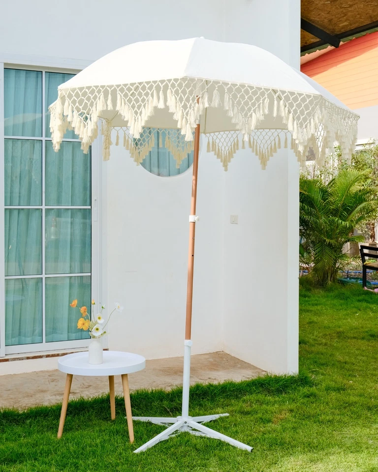 Paraguas Exterior Boho Macrame 2m - Sombrilla Patio Balinés Artesanal con Soporte Foto 4 de 4