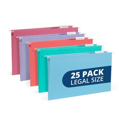 25 Legal Size Hanging File Folders - Assorted Gem Tone Colors (Turquoise, Tea...
