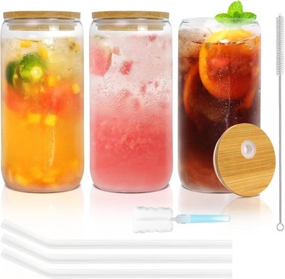 Set mit 3 Trinkgläsern 500 ml, Glas mit Strohhalmen, Bambusdeckel, wiederverw...