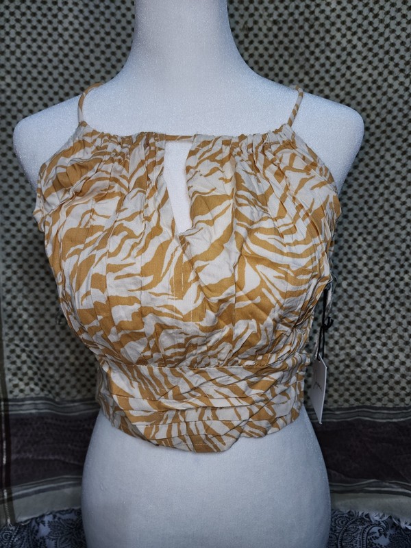 Japra  Crop Top Sleeveless Tie Back brown beige print Blouse Size M