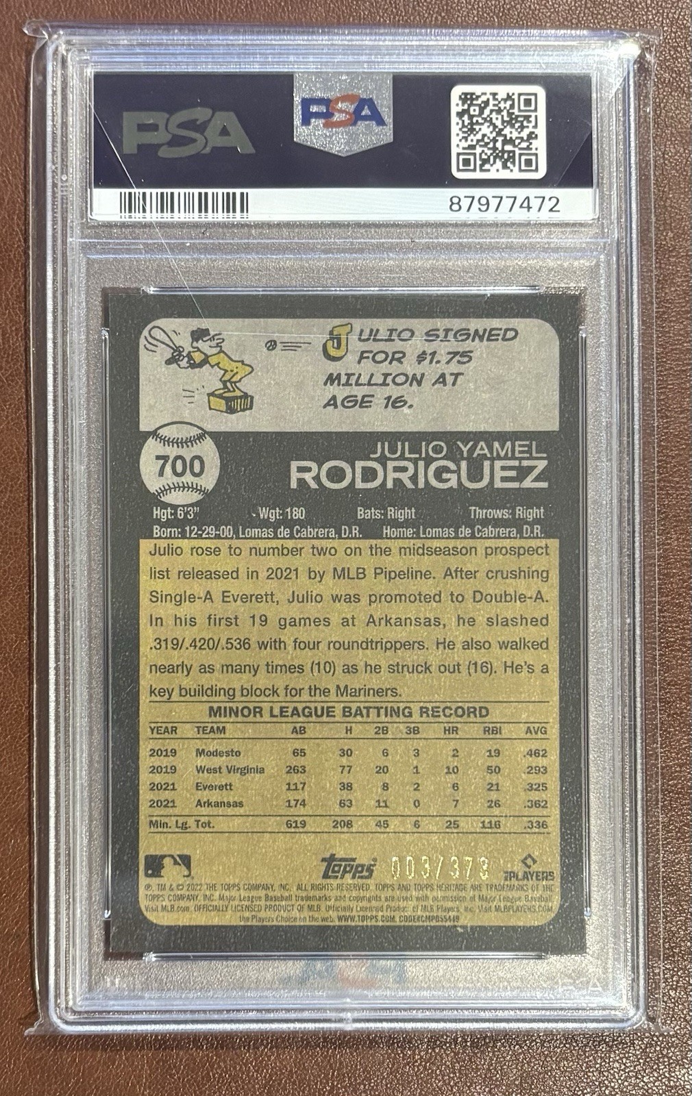 Julio Rodriguez 2022 Topps Heritage High Number Silver Refractor #’d/373 PSA 10 view 2