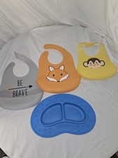 Lot of 4 Baby items 4 Silicone Scoop Bibs and 1 Nuby Plate