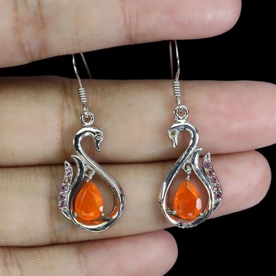 Gemsporium 925 Sterling Silber Ohrringe Orange Fire Opal Rhodolit Saphir 7x5mm