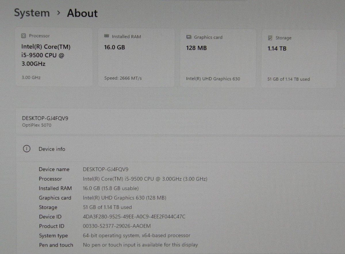 Dell Optiplex 5070 SFF i5-9500 3.0GHz 250GB NVMe SSD / 1TB HDD