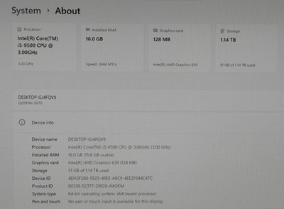 Dell Optiplex 5070 SFF i5-9500 3.0GHz 250GB NVMe SSD / 1TB HDD
