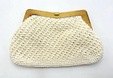 Vintage Clutch Purse Ivory Knit Crochet Wood Handle Goldtone Closure Japan