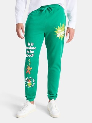 Dr. Seuss The Grinch Men's Green Graphic Jogger Sweatpants Size XL