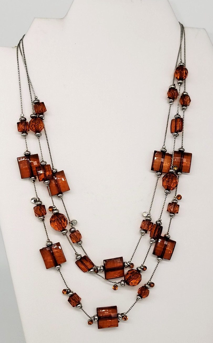 Amber Brown Acrylic Beaded Statement Necklace Lay… - image 3