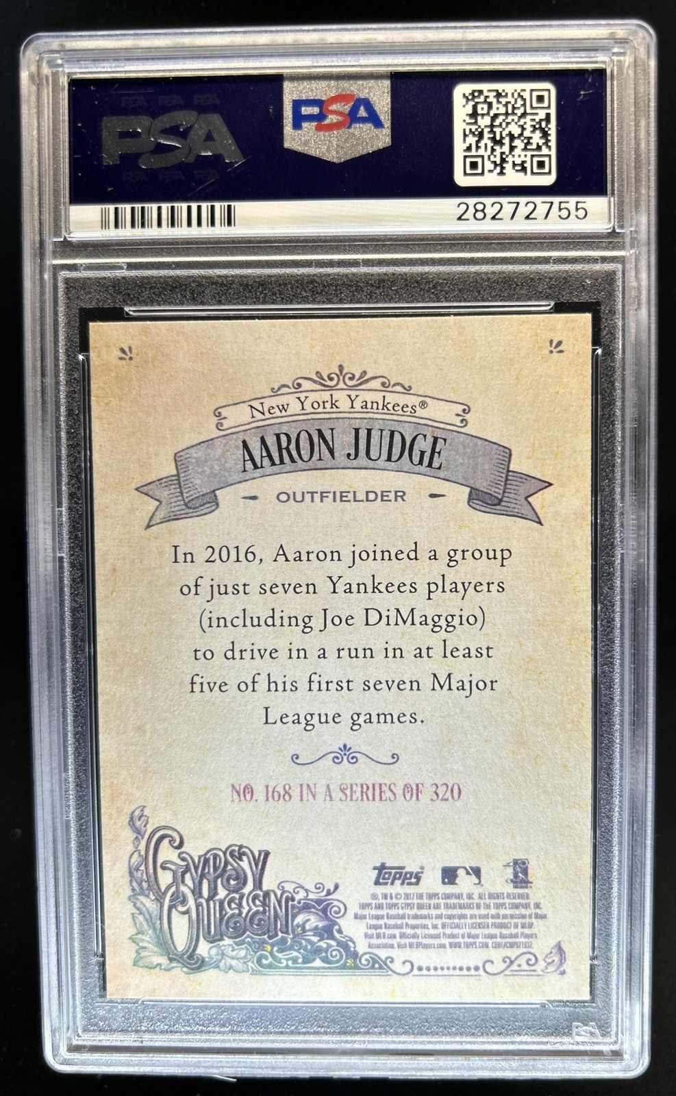 2017 Topps Gypsy Queen Aaron Judge RC Capless Missing Blackplate #168b PSA 10 view 2