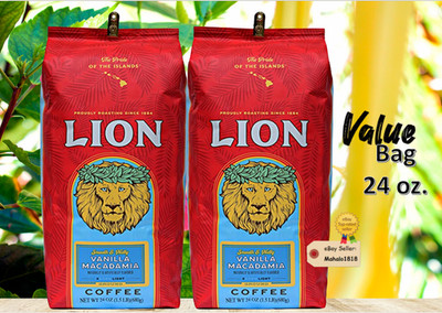  TWO BAGS 24 oz LION COFFEE VANILLA MACADAMIA Nut Coffee (1.5 lb) WHOLE BEAN