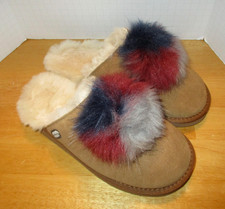 Bearpaw Women's Size 8 Alexia Suede Tan Slip-on Mules with Pom Poms -EUC
