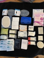 LOT OF TRAVEL SIZED SOAPS, LOOFAH, PERFUME, EXAM CLOTHS, SOAP DISH DEODORANT