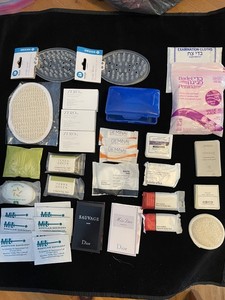 LOT OF TRAVEL SIZED SOAPS, LOOFAH, PERFUME, EXAM CLOTHS, SOAP DISH DEODORANT