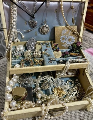 Vintage Estate Jewelry Box Lot Sterling Gold Filled Hollycraft Napier 1940s