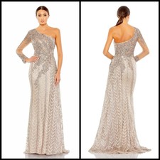 Mac Duggal Taupe Embellished Embroidered One Shoulder Long Sleeve Gown 8 898