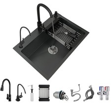 Deep Black Stainless Workstation Single Bowl Sink w/ Adaptable Mount  Gear