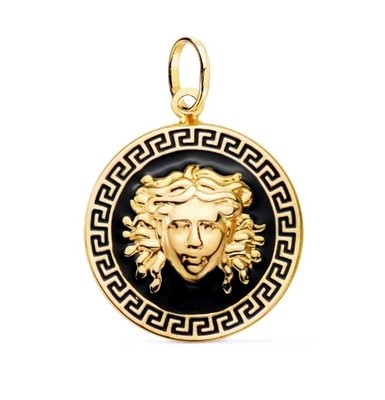 Colgante oro 18k 750 Mls. Medusa Greca Esmalte Negro 20 MM. 
