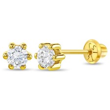 14k Yellow Gold 4mm Clear Cubic Zirconia Solitaire Screw Backs for Baby Girls