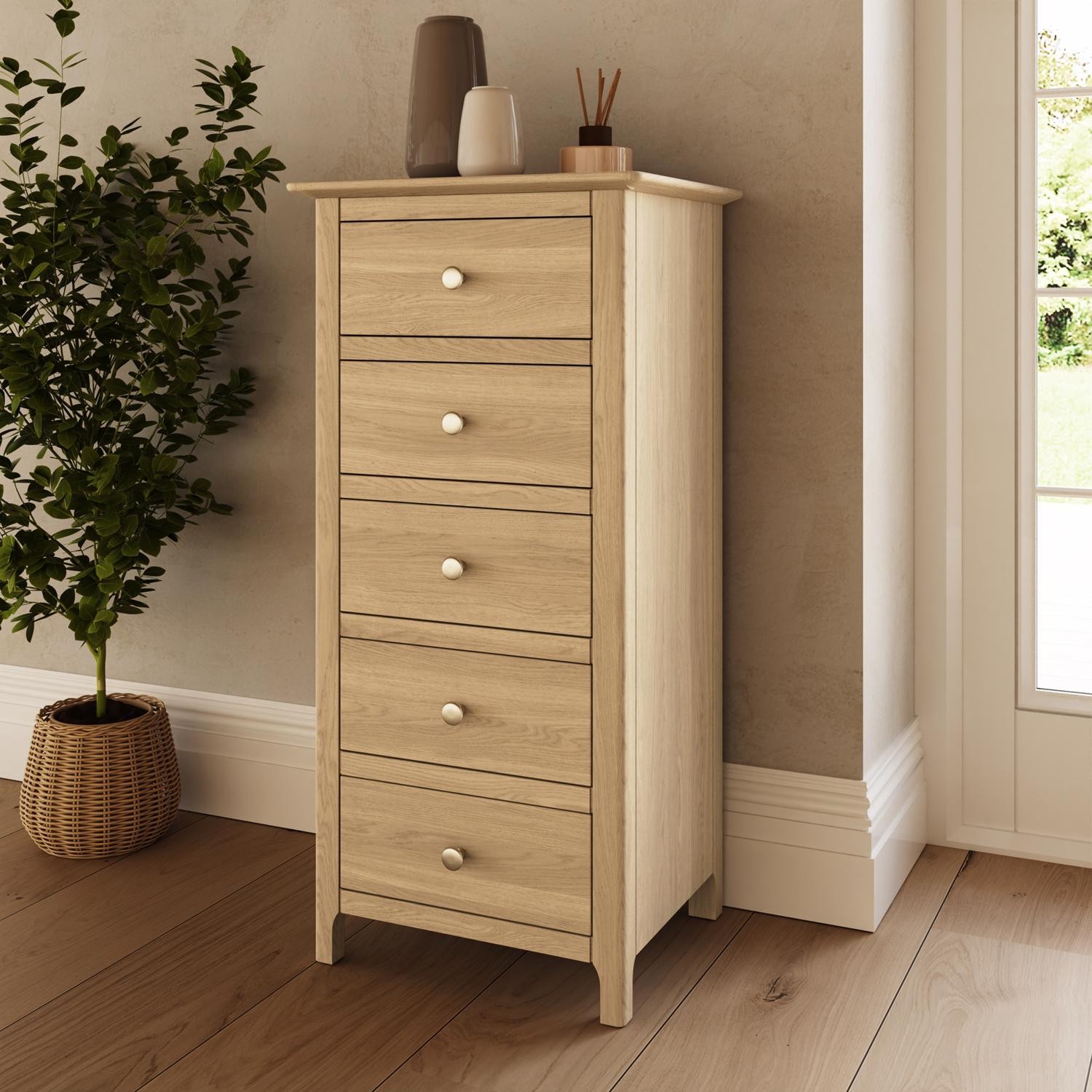 5 Drawer Chest of Drawers Bedroom Storage Unit Natural Oak Finish Tall Slim