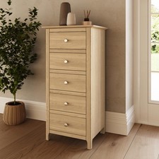 Image of 5 Drawer Chest of Drawers Bedroom Storage Unit Natural Oak Finish Tall Slim