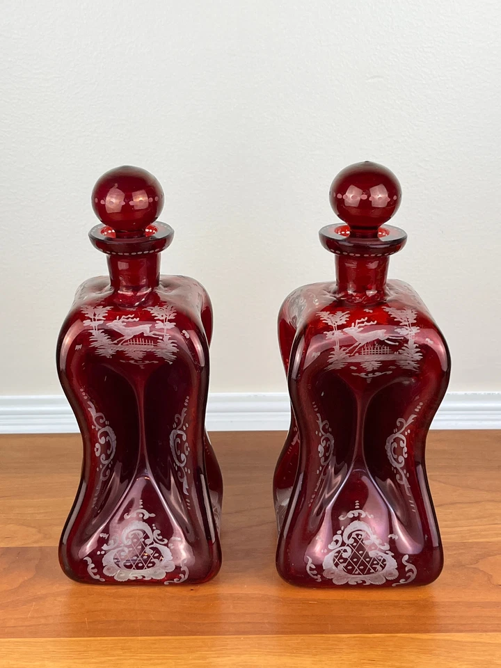 Pair (2) Bohemian RUBY CUT TO CLEAR Hand-Blown Pinch 10 ¼” Decanters - Image 2 of 4