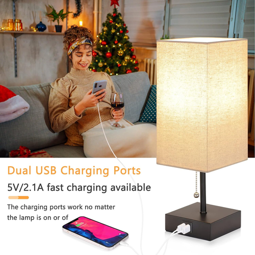 Bedside Table Lamp, Pull Chain Table Lamp with USB C+A Charging Ports, 2700K LED - Picture 2 of 12