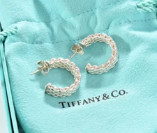 Tiffany & Co Sterling Silver Small 17mm Mesh Hoop Earrings in Pouch Narrow Rare